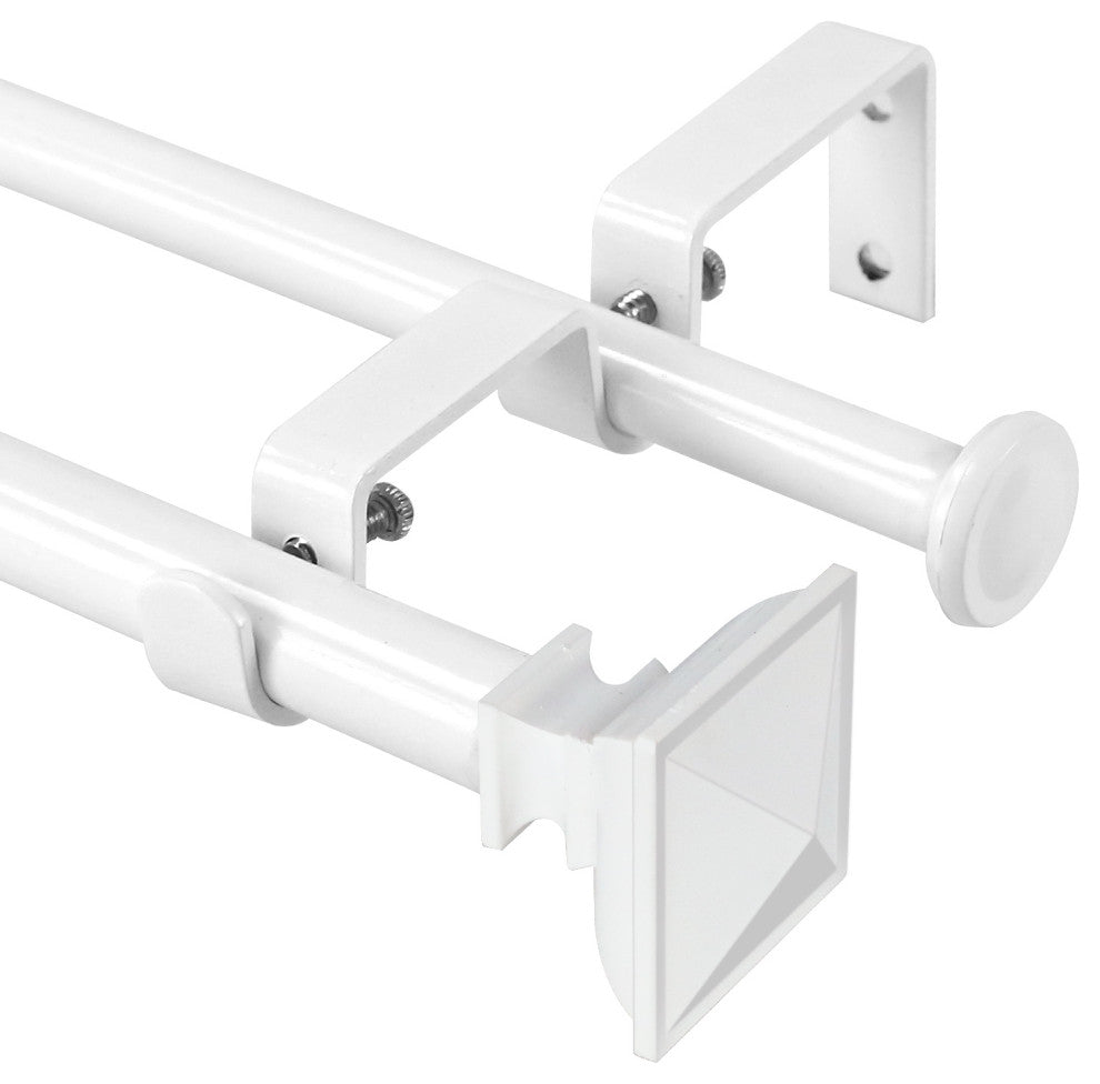 Square Urn Adjustable Double Curtain Rod Set, 5/8", White, 48"-84"