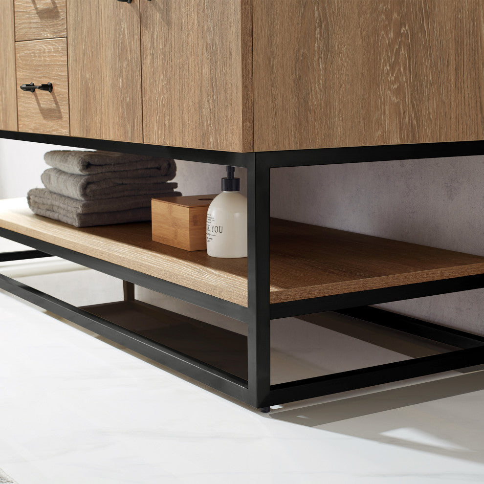 Alistair Vanity, North American Oak, Matte Black Hardware, 60" Double Sink, With Mirror