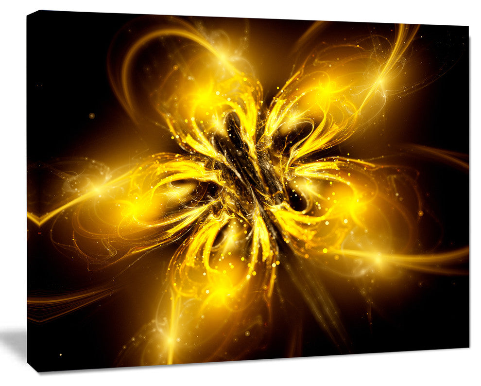 Shiny Gold Fractal Flower on Black, Floral Canvas Art Print, 60"x28"