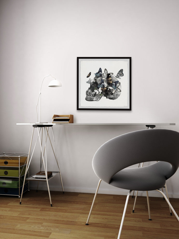 "Butterfly Swarm and Skull" Framed Painting Print, 18x18