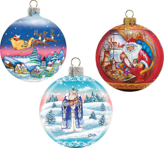 Hand Painted 3 Piece Christmas Balls Glass Scenic Ornaments Set