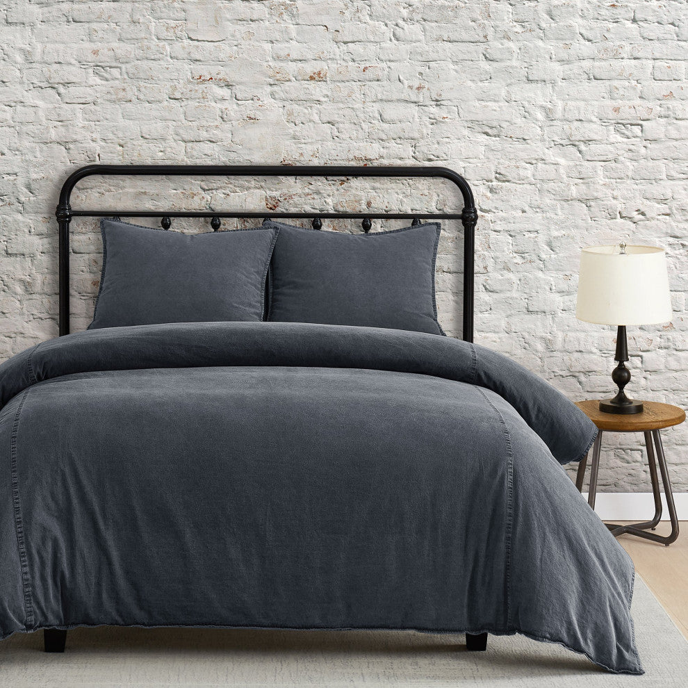 Stonewashed Cotton Canvas Duvet Cover Set, 3PC, Charcoal, Super King