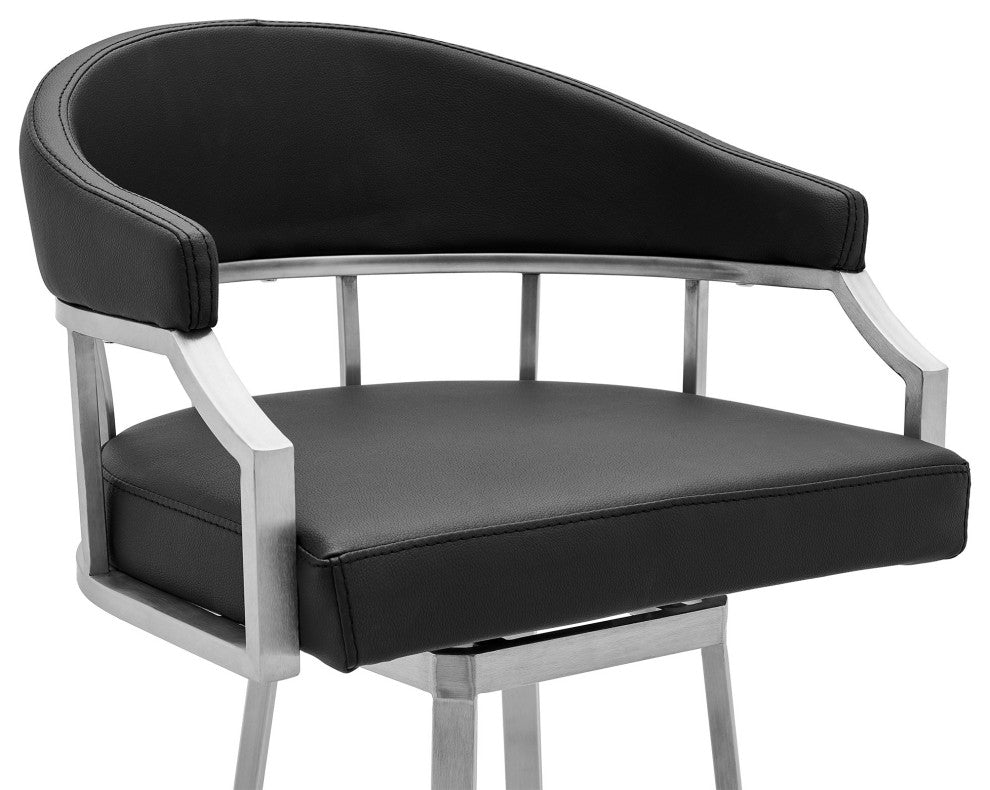 Benzara BM282639 Vegan Faux Leather Bar Stool Chair, Swivel, Metal Legs, Black