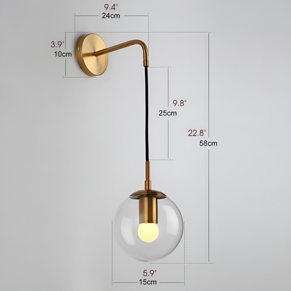 Modern LED Wall Lamp in the Shape of Glass Ball for Dining Room, Golden, Smoky Glass, Cool Light