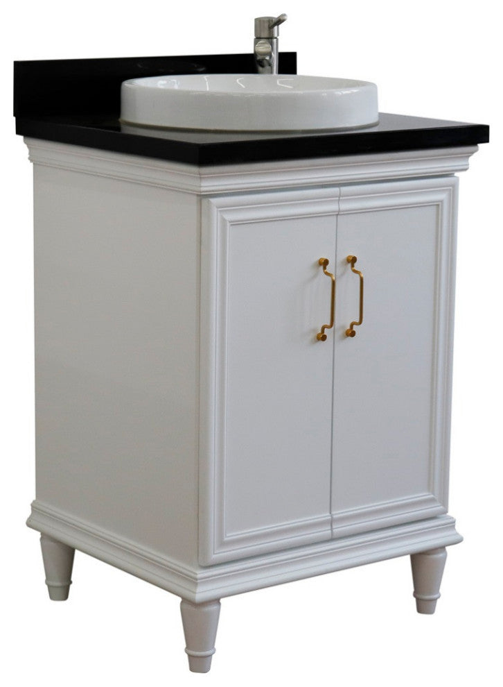 25" Single Vanity, White Finish With Black Galaxy And Round Sink