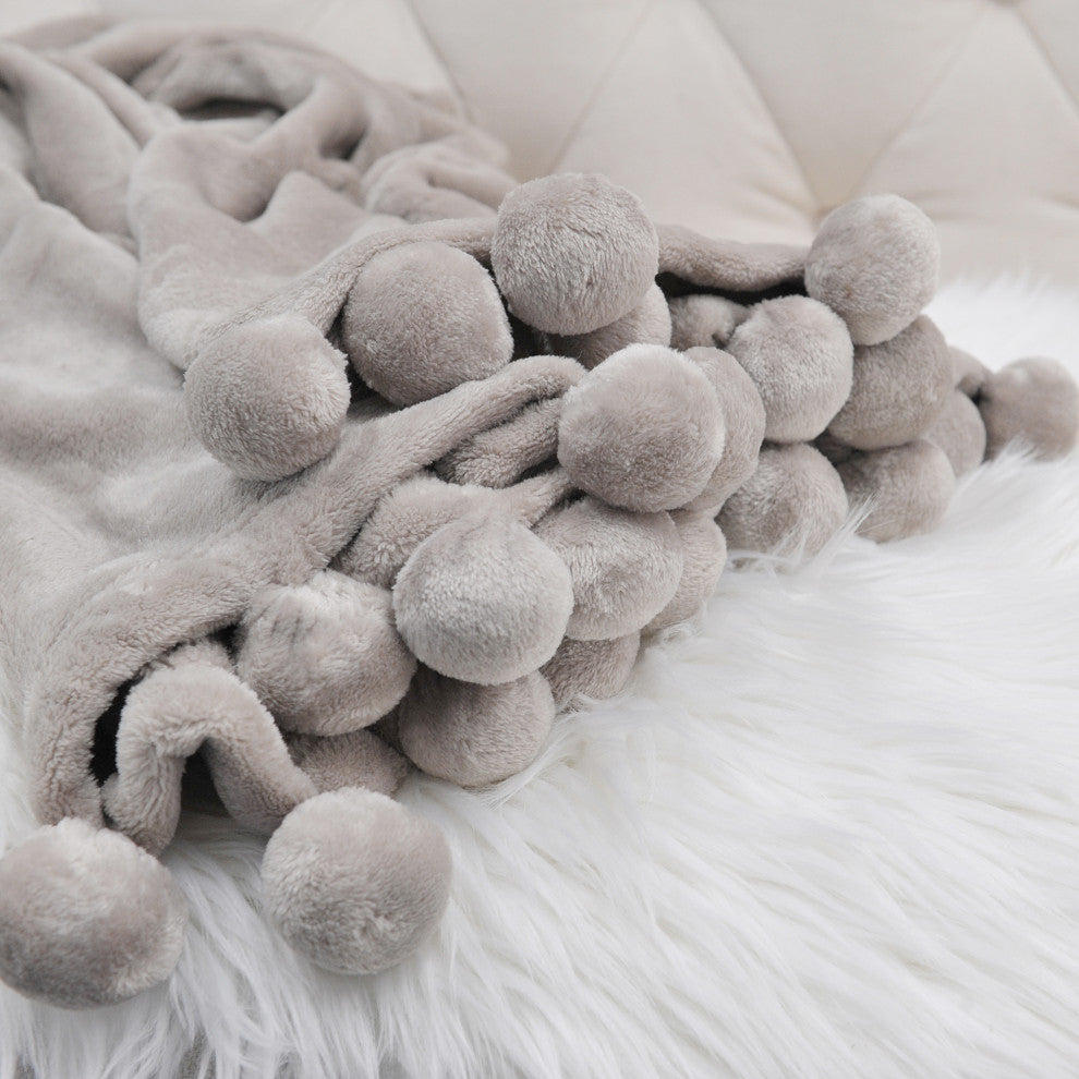 Pom Pom Flannel Fleece Throw Blanket, Light Grey, 60" X 80"
