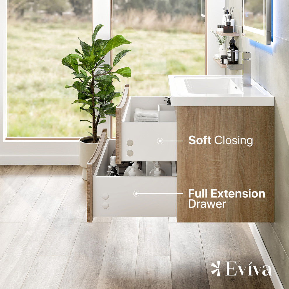 Eviva Smile 30" White Oak Wall Mount Modern Bathroom Vanity White Acrylic Sink