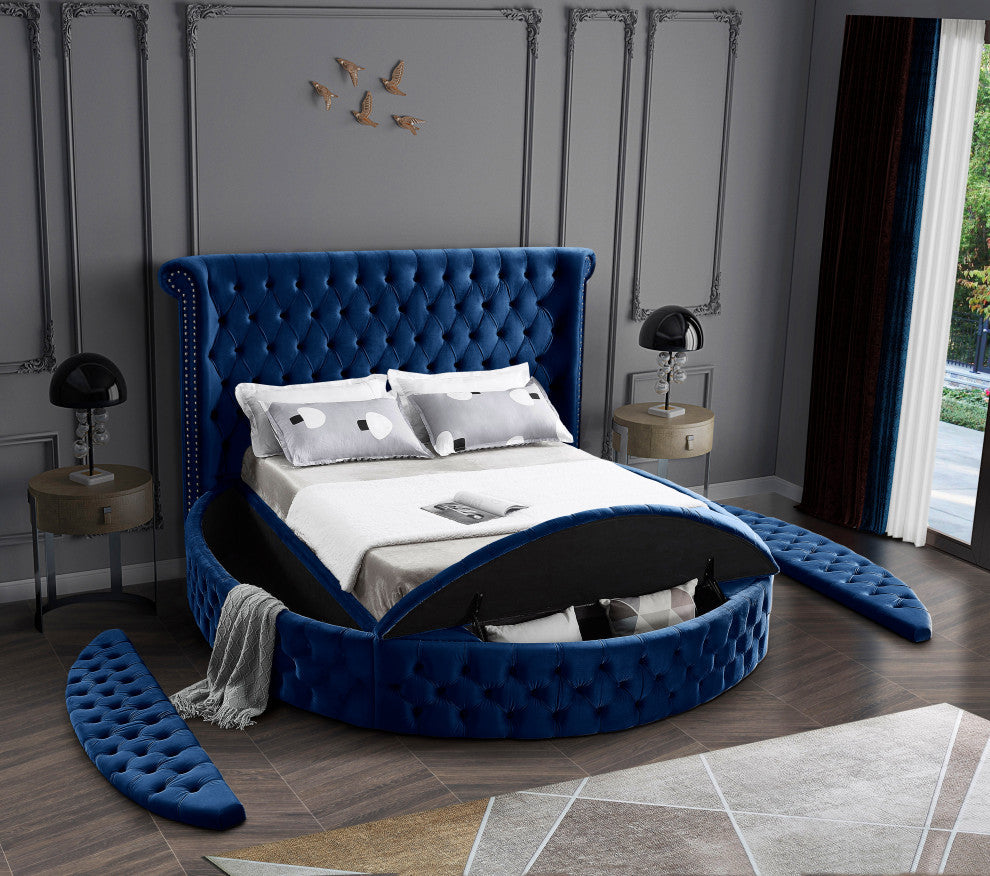 Luxus Button Tufted Velvet Round Bed, Navy, King