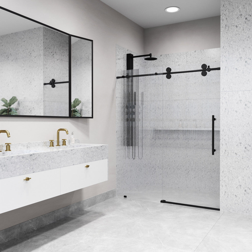 VIGO Elan 56" to 60" W x 74" H Frameless Sliding Shower Door, Matte Black, Right, Fluted Glass