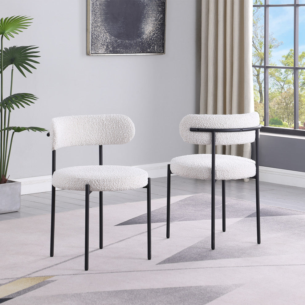 Dobby Contemporary Boucle Fabric Dining Chair with Black Legs, Set of 2, Cream