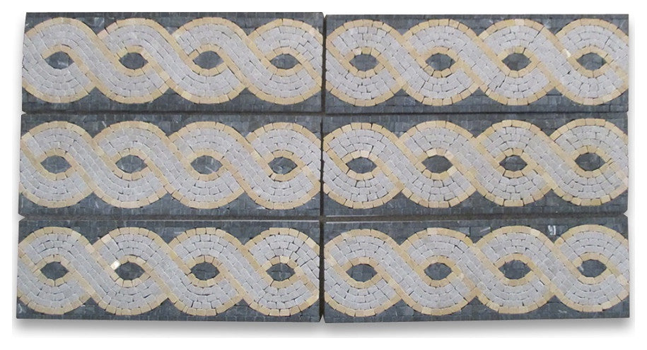 Marble Mosaic Border Listello Accent Tile Wave Nero 4x12 Tumbled, 1 piece