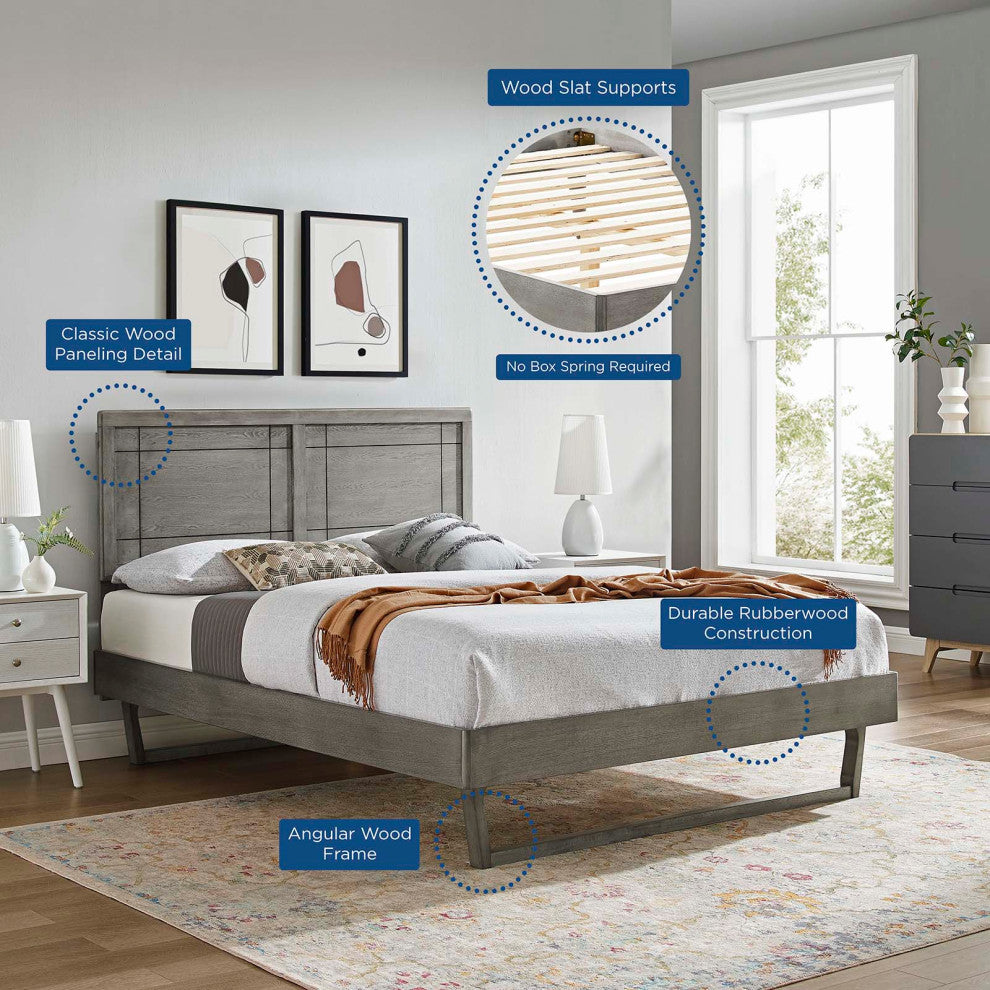 Platform Bed Frame, King Size, Wood, Gray, Modern Mid-Century, Bedroom