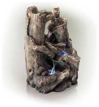 Alpine 5-Tiered Rainforest Tree Trunk Tabletop Fountain, LED Lights, 14" Tall