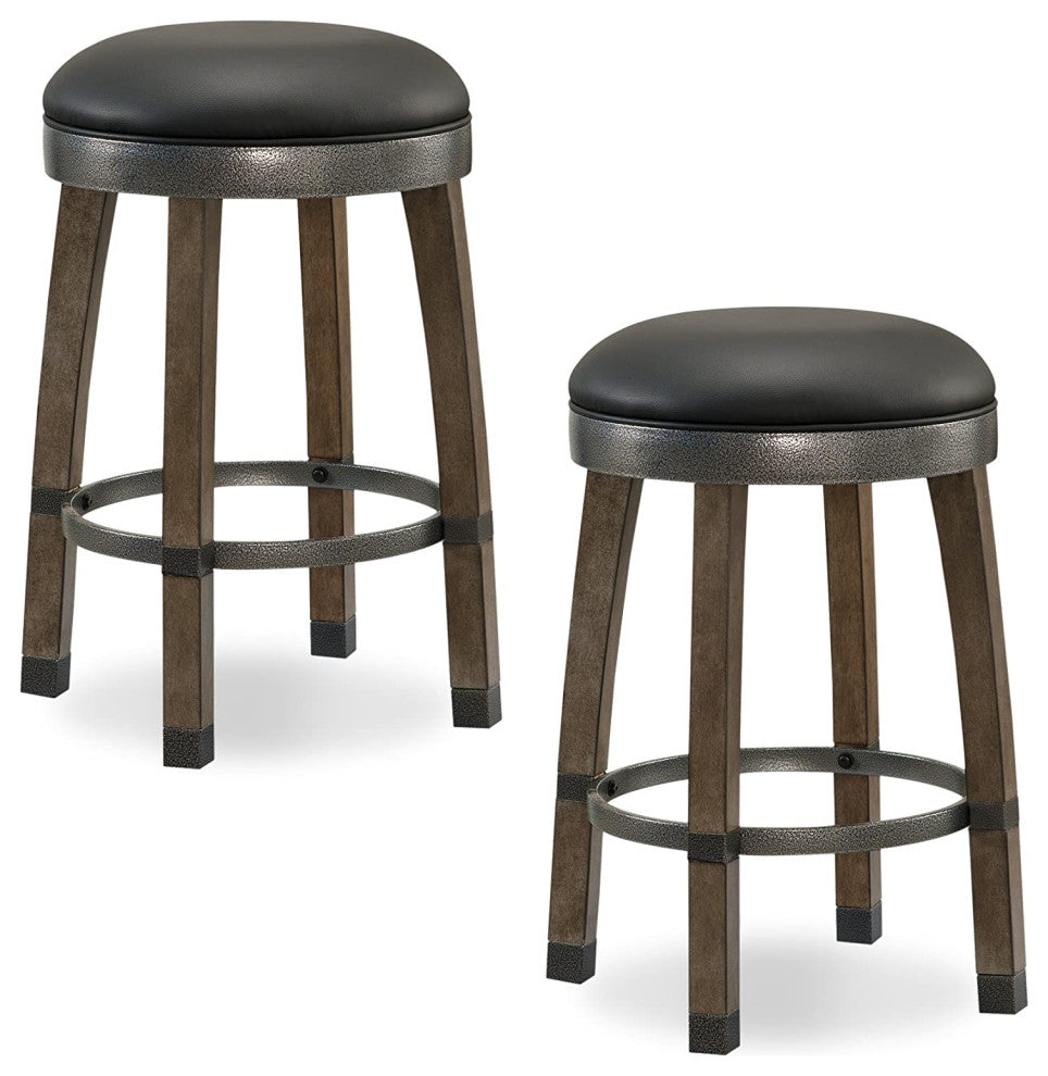 Set of 2 Counter Stool, Backless Design With Faux Leather Seat, Greystone/Black