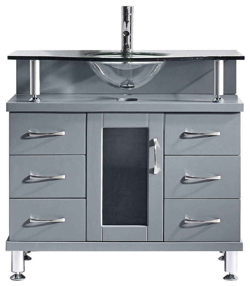 Virtu Vincente 36" Single Bathroom Vanity, Gray With Clear Tempered Glass Top