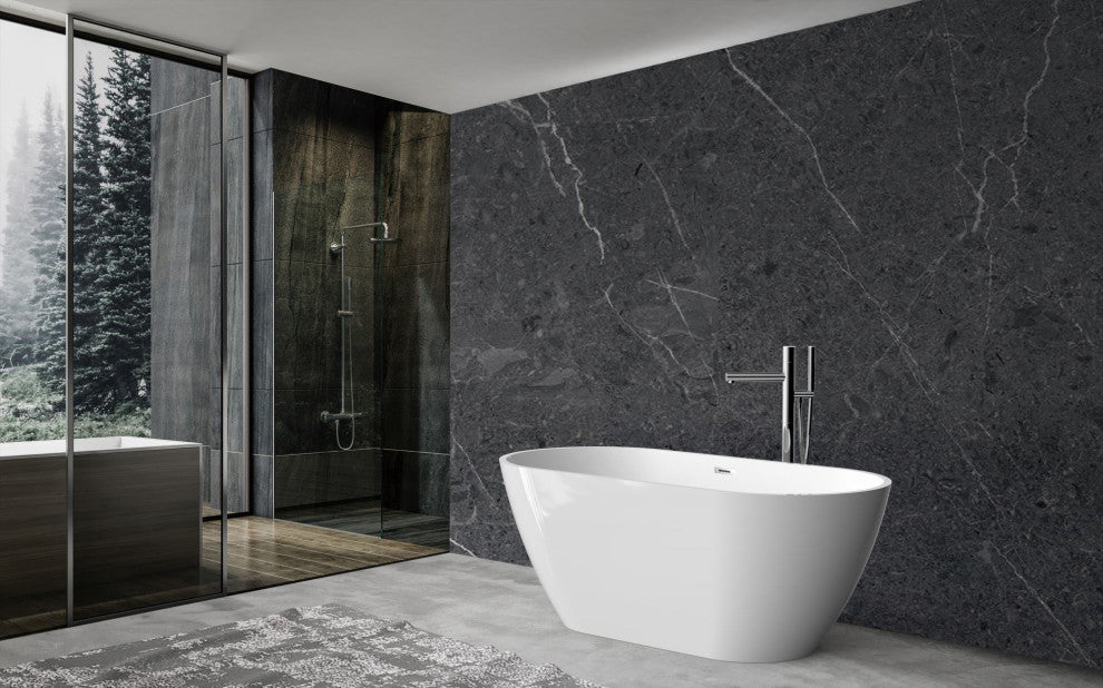 Acrylic Freestanding Bathtub, Oval Glossy White With Drain and Overflow Cover, 59"