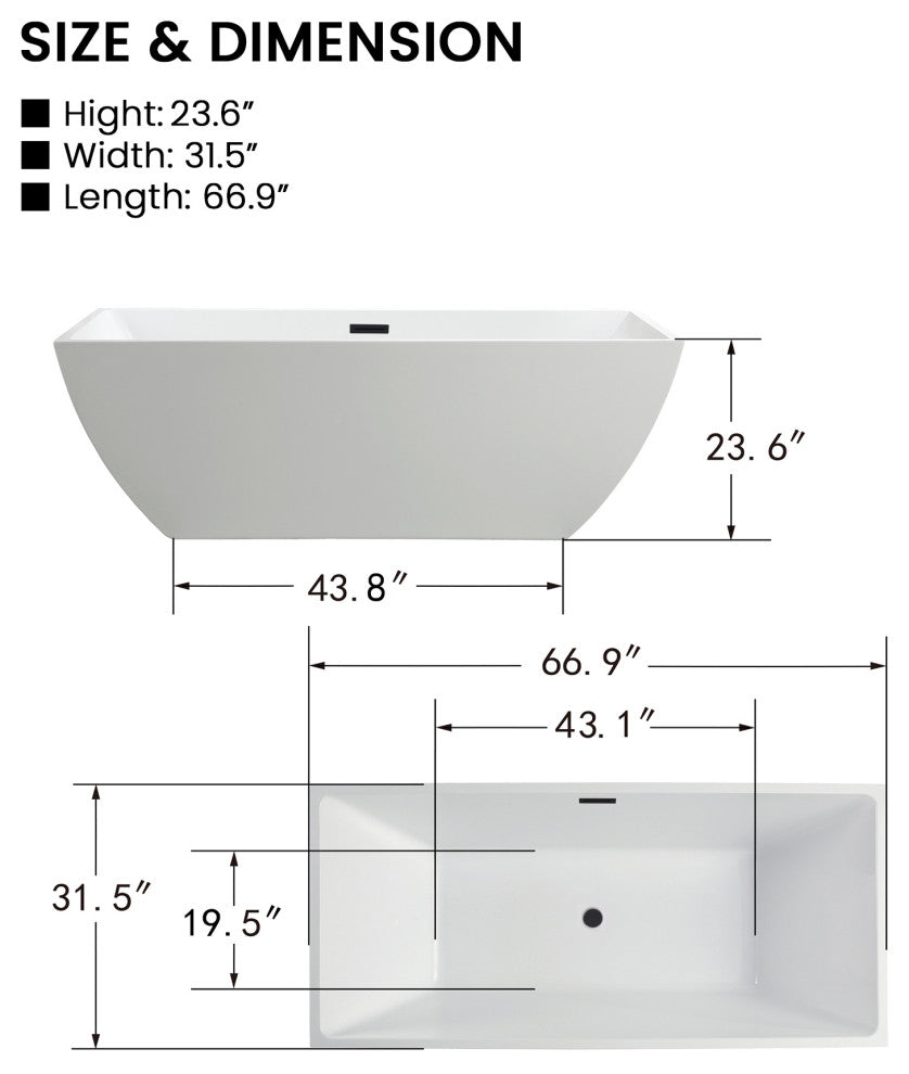 Vanity Art Acrylic Freestanding Soaking Bathtub, White/Matte Black, 67"