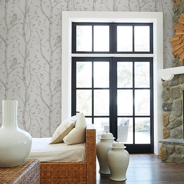 Illustrated Forest Scene Monochromatic Wallpaper, Medium Gray, Sample