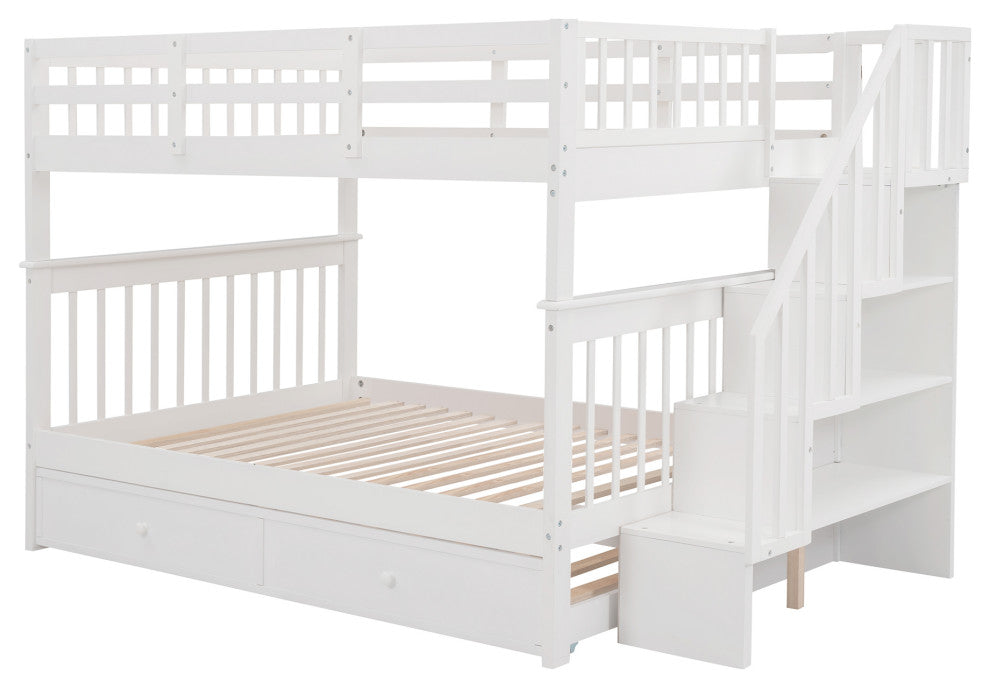 Gewnee Pine Wood Full Over Full Bunk Bed with Trundle and Stairway in White