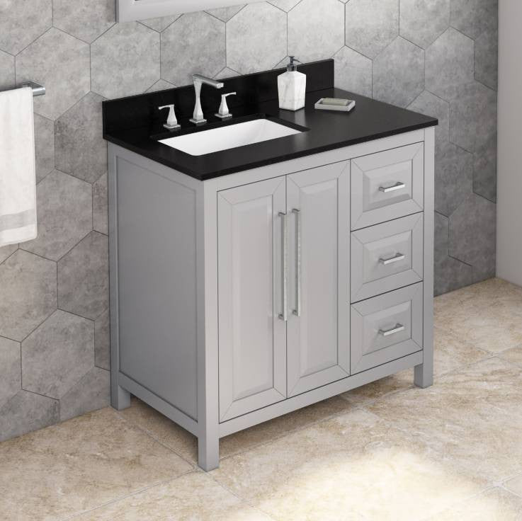 Cade Transitional 36" Grey Left Offset Sink Vanity, Black Granite Vanity Top