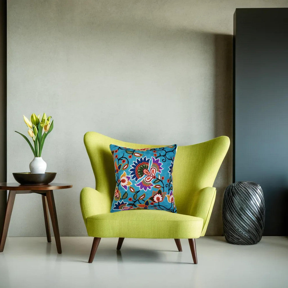 Turquoise Floral Pillow Cover Hand Embroidered Modern Design Wool 18x18