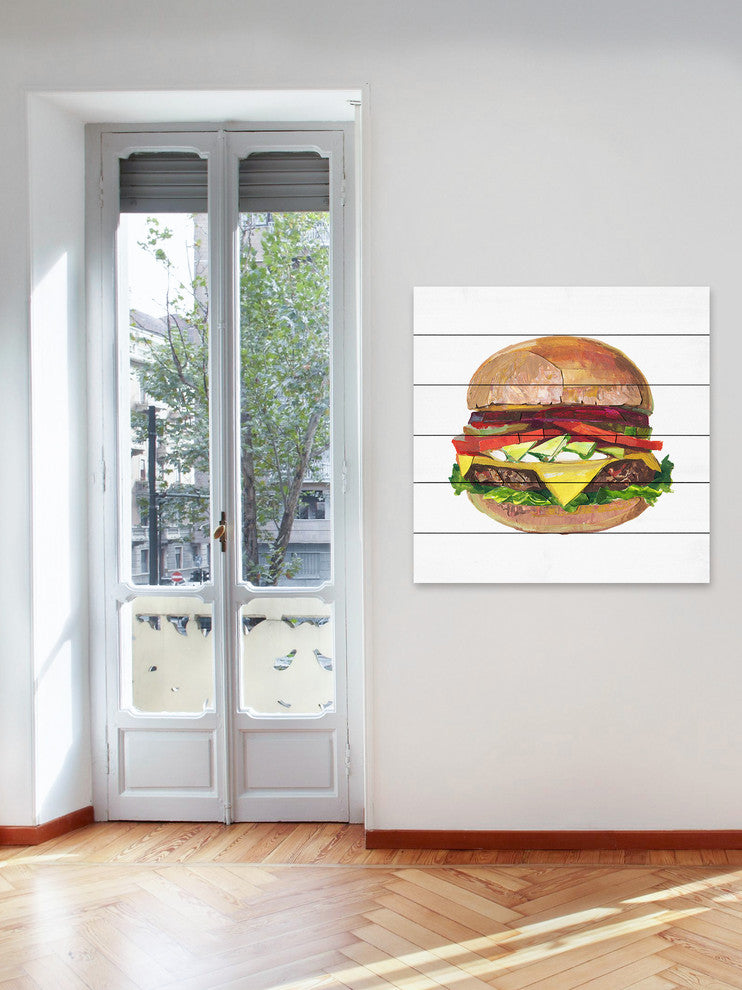 "Ultimate Burger" Painting Print on White Wood, 32"x32"