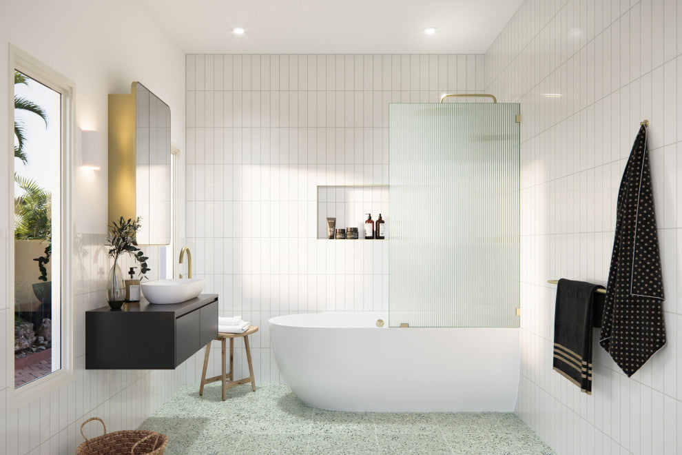 30"x58.25" Single Fixed Fluted Bath Panel Shower Tub Door, Satin Brass