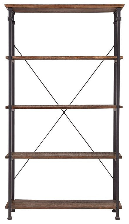 Industrial Bookcase, Metal Frame With Crown Molded Top & X-Support, Dark Brown