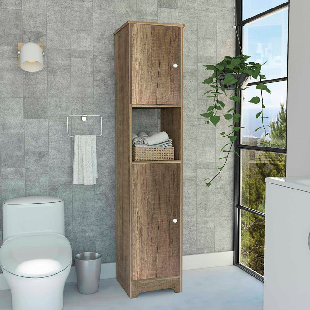 Charlotte Linen Cabinet with 2 Single Door Cabinets and Open Shelf, Light Oak