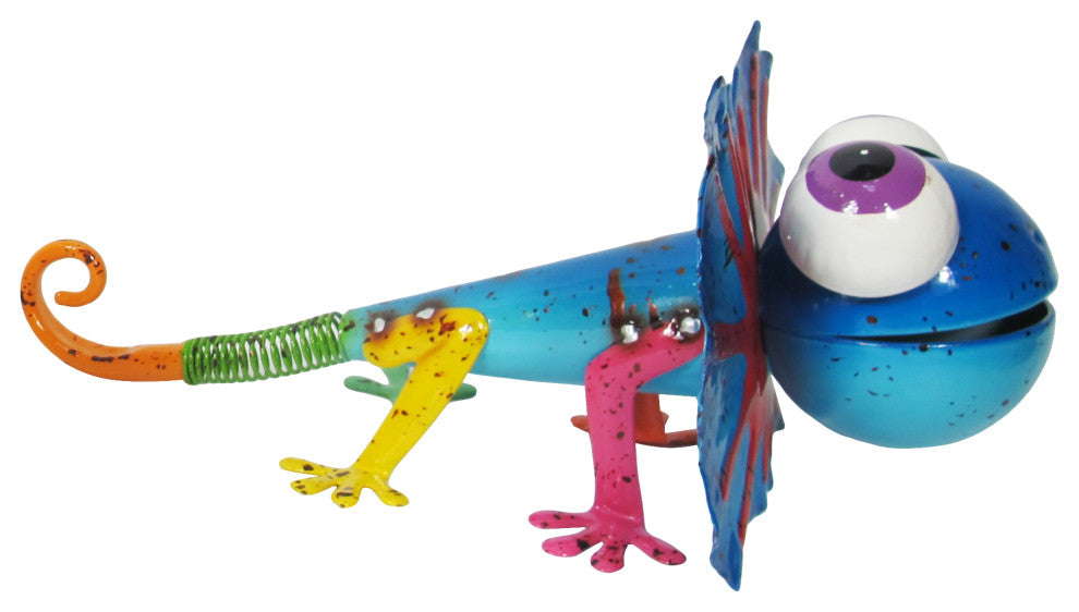 Colorful Metal Frill Necked Blue Lizard Garden Statue Outdoor Patio Decor