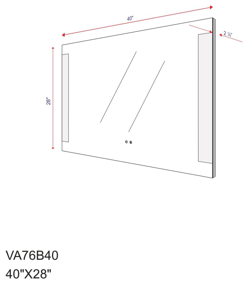 Frameless Rectangle LED Lighted Bath Vanity Mirror, 40" X 28"