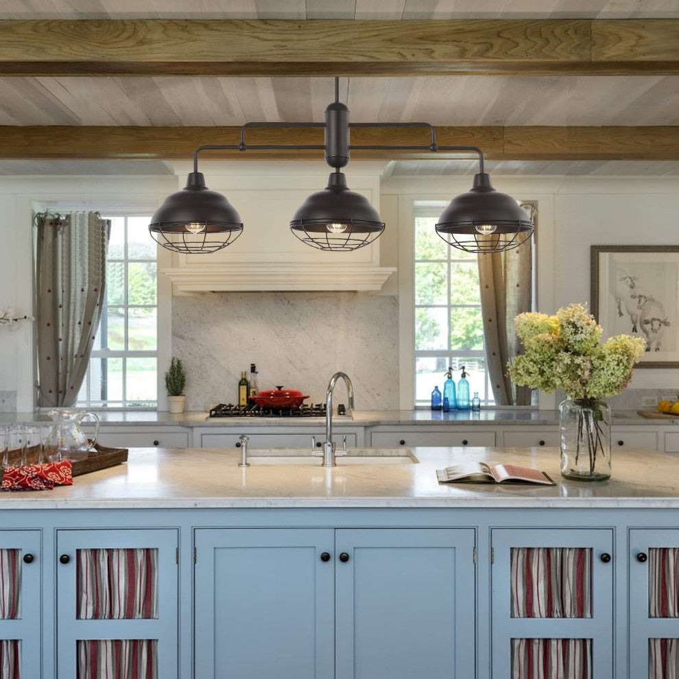 Levi Industrial Farmhouse Iron LED Pendant, Oil Rubbed Bronze, 3-Light