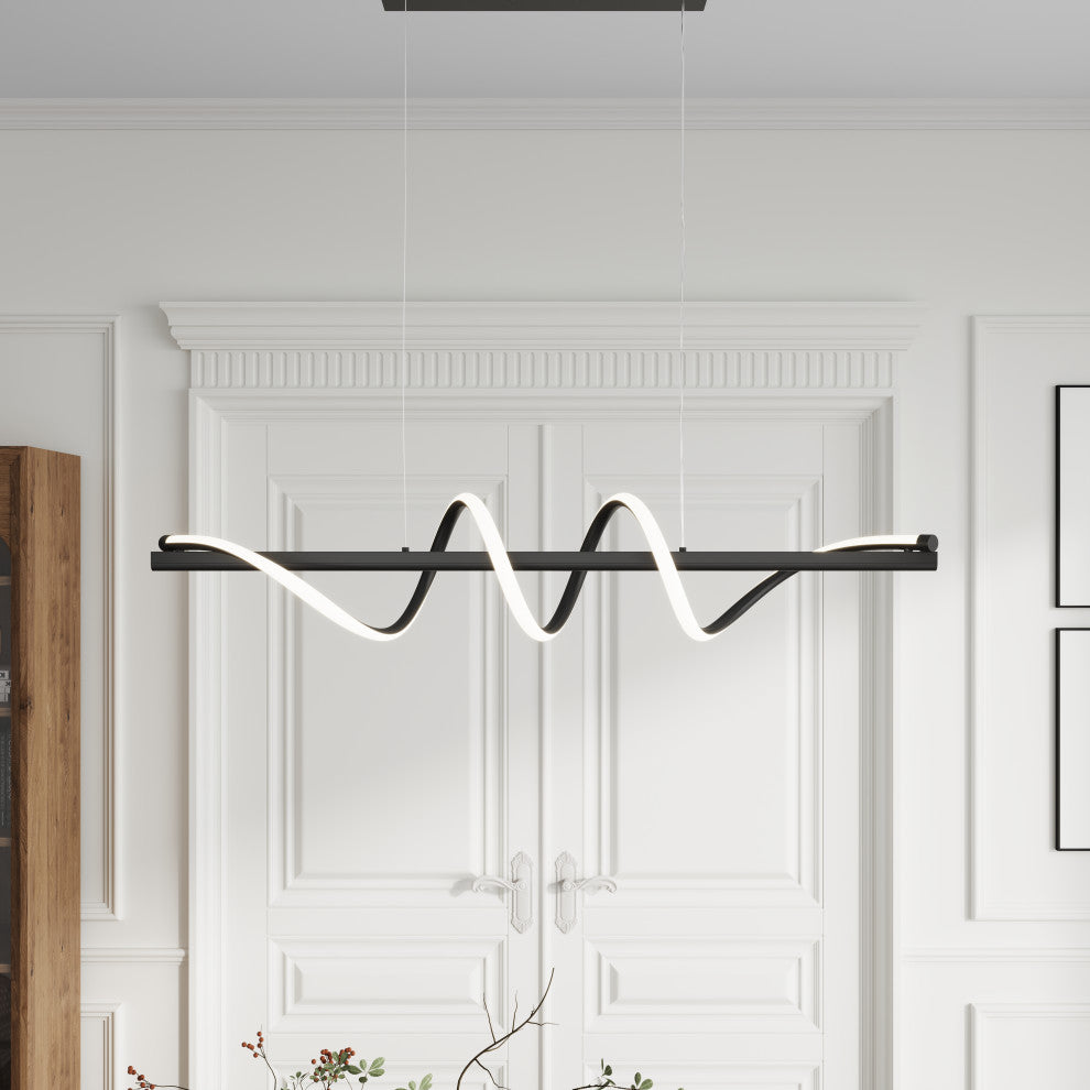 Modern Linear Wave Shape LED Pendant Lighting for Kitchen Island, Black