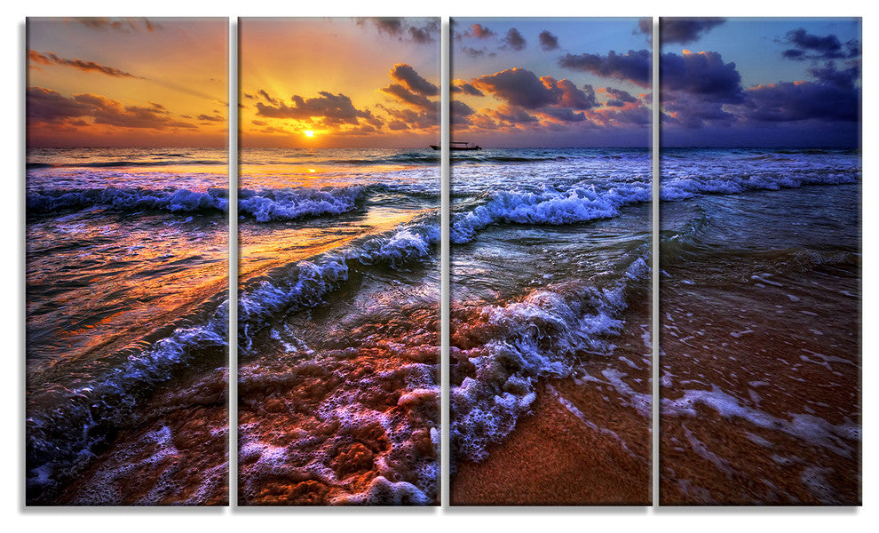 Sunset over Blue Tinged Waves, Seashore Photo Canvas Print, 48"x28", 4 Panels