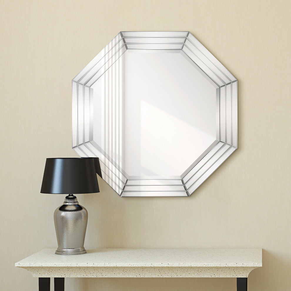 Beveled Multi Faceted Octagons Wall Mirror, 1" Beveled Center, Wood Frame