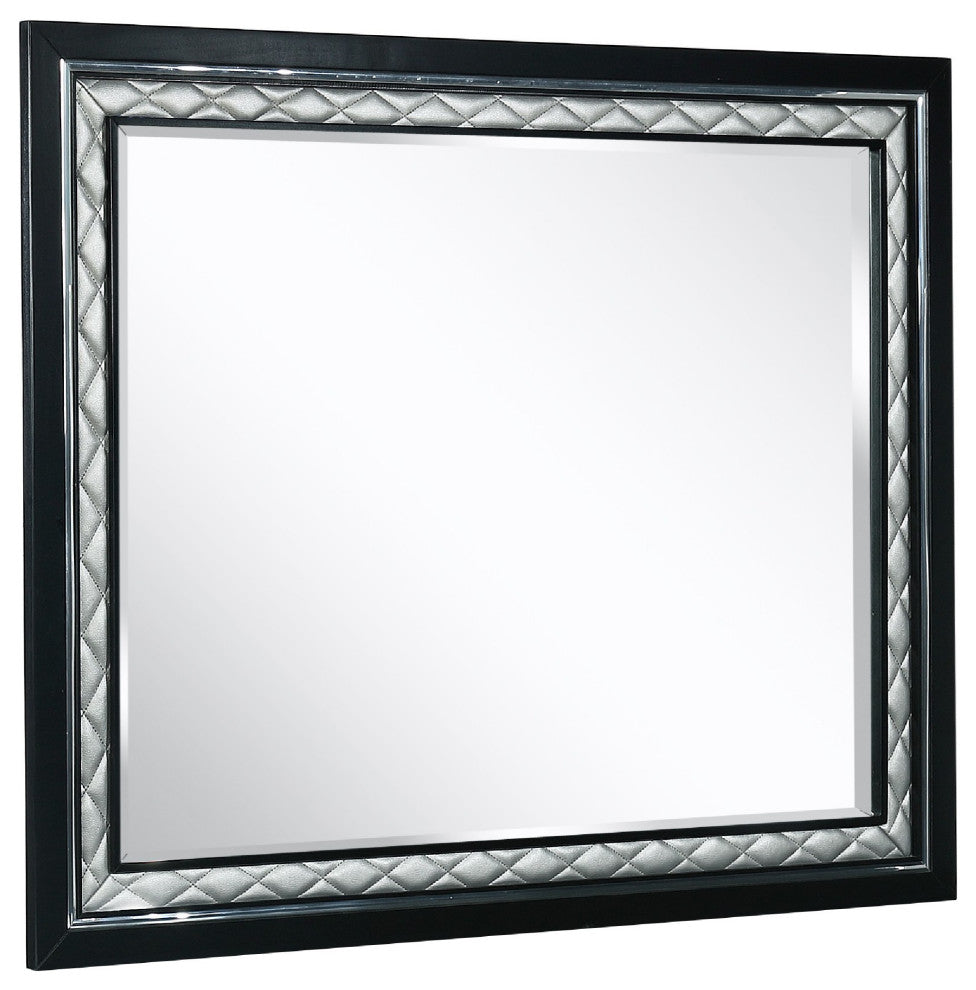 Benzara BM271442 Rectangular Mirror With Diamond Stitching, Silver and Black