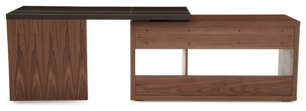 HomeRoots 29" Walnut and Brown Veneer L Shaped Desk With a Leather Top
