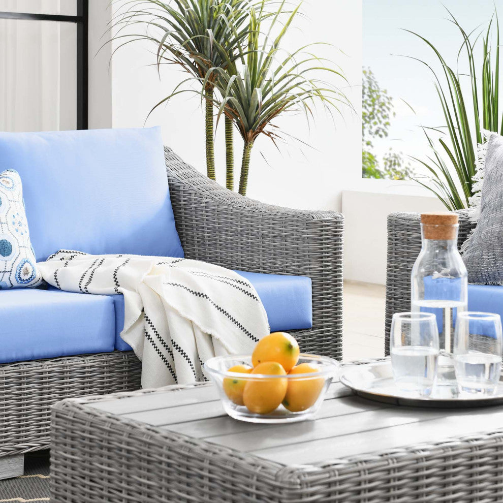 Lounge Sectional Sofa Chair Set, Rattan, Wicker, Gray Blue, Modern, Outdoor