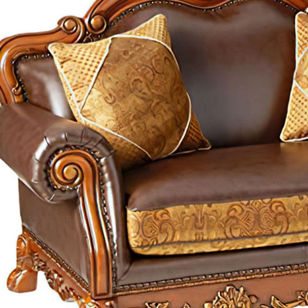 Dresden Loveseat With 2 Pillows, Brown PU and Chenille, Cherry Oak
