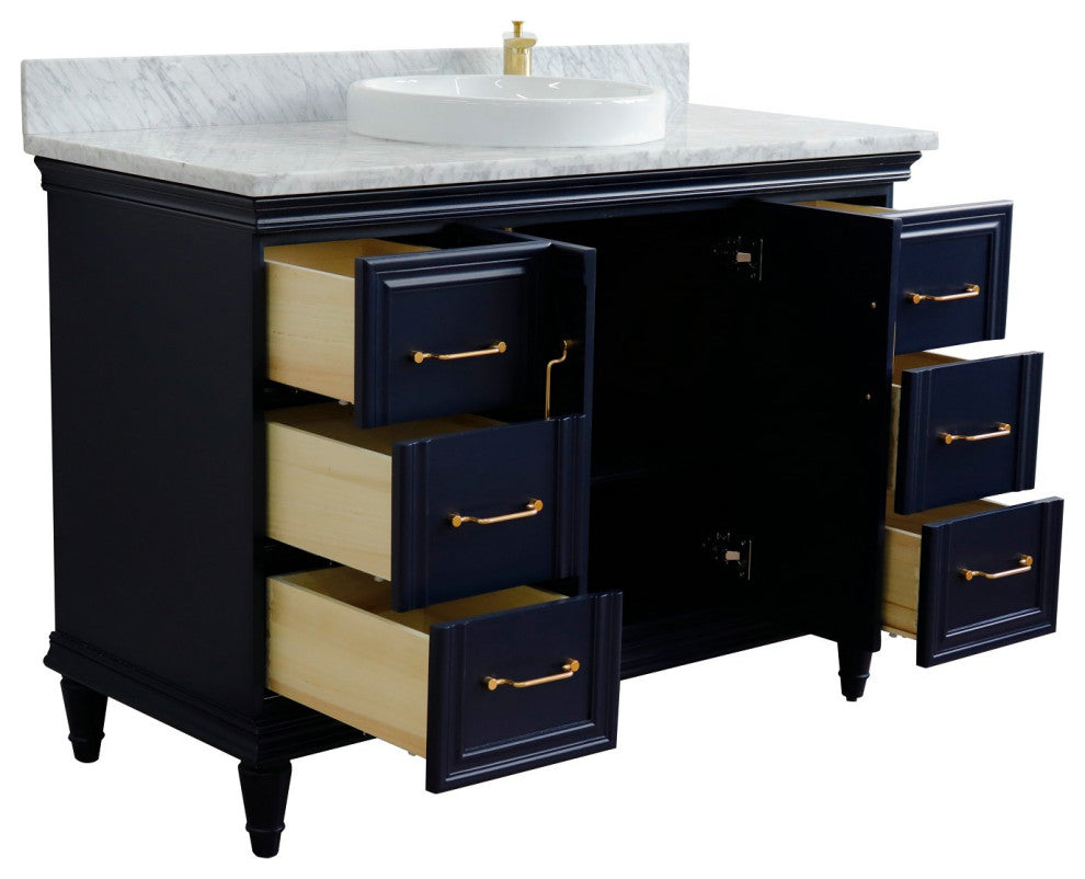 49" Single Sink Vanity, Blue Finish With White Carrara Marble and Round Sink