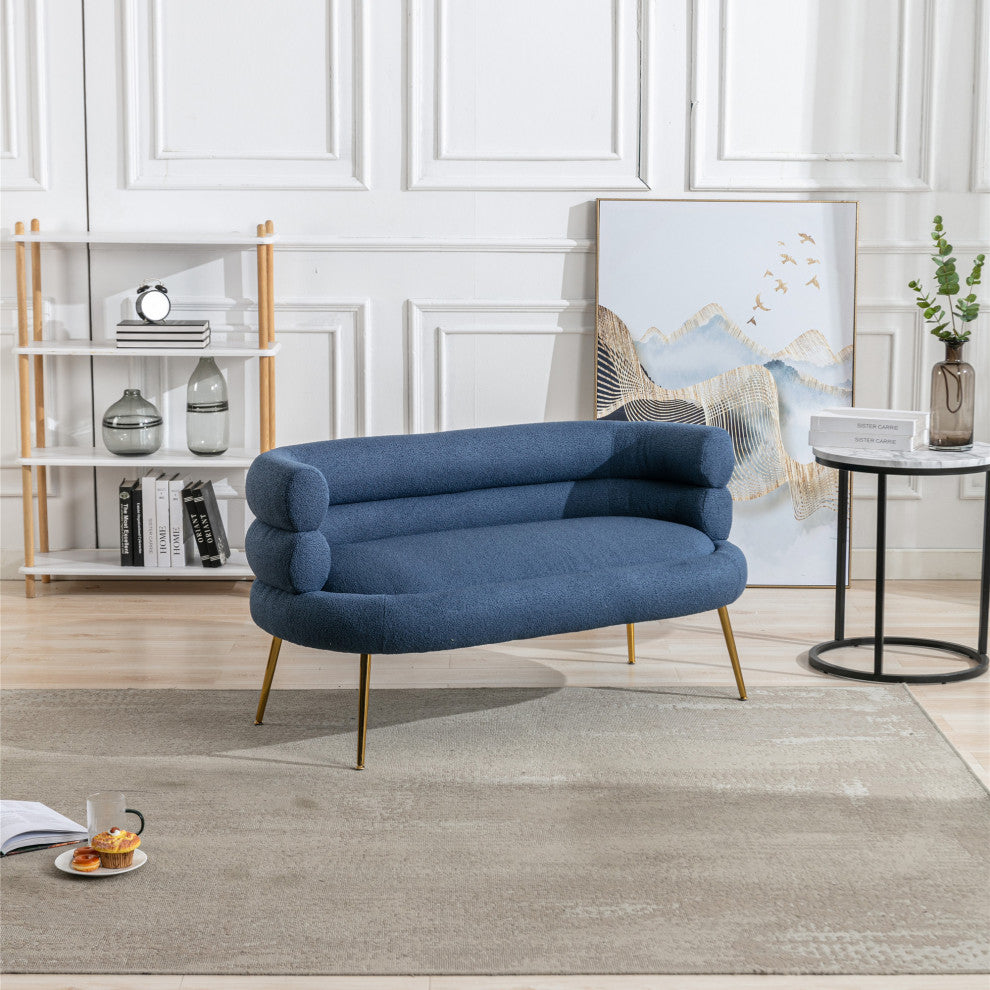 53" Round Arm Settee with Metal Legs, Navy Blue, 53"