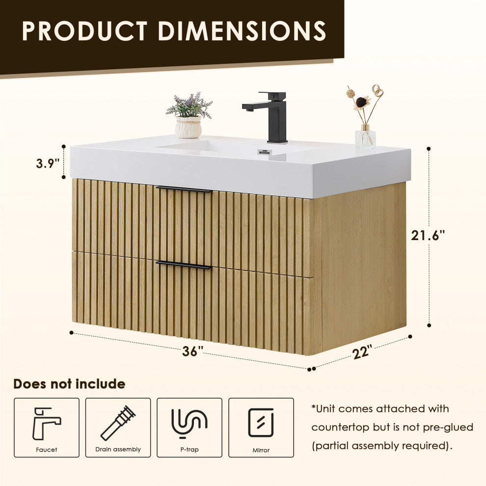 Livia Wall-mounted Bathroom Vanity, Nature Brown, 36inch, No Mirror