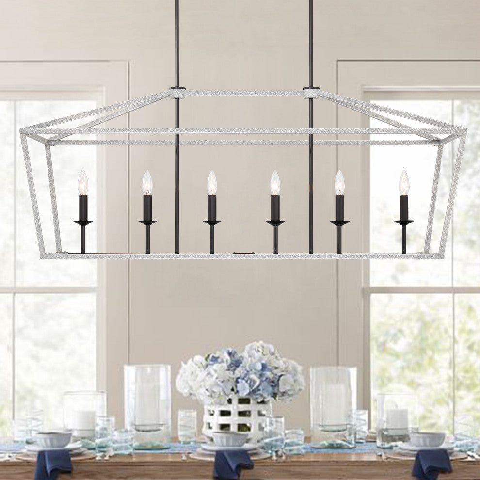 6 Light Kitchen Island Linear Pendant Chandelier, Crackle White+classic Black