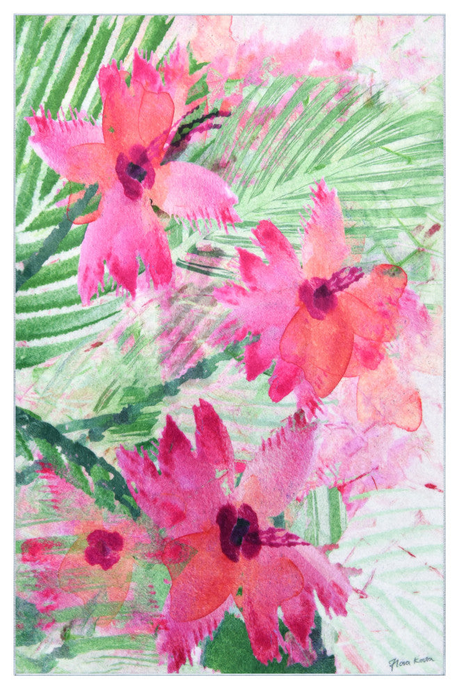 Pink Green Floral I Hand Washable Flowers Power-loomed Art Area Rug, 5'x7.5'