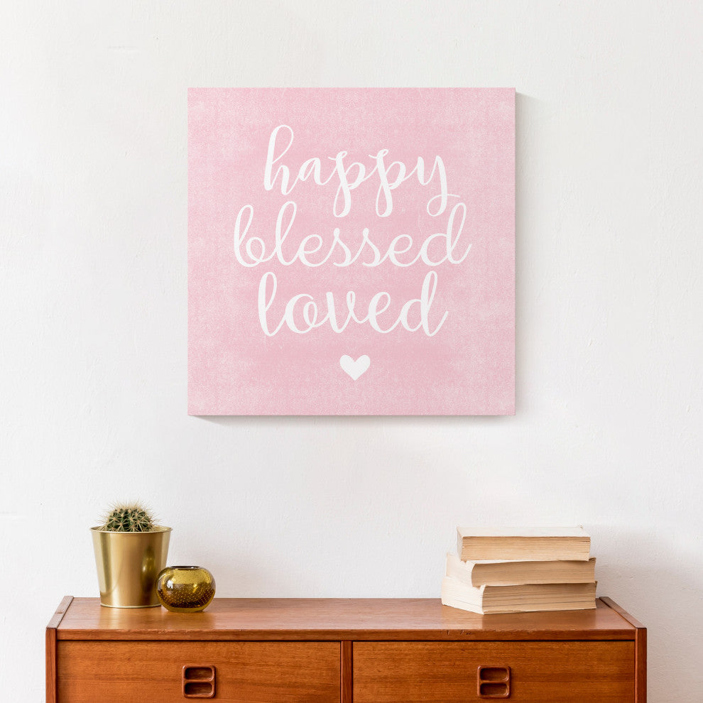 Happy Blessed Loved Pink 16x16 Canvas Wall Art