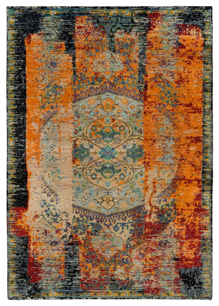Orange Ancient Ottoman Erased Design Ghazni Wool Hand Knotted Rug 4'1"x6'