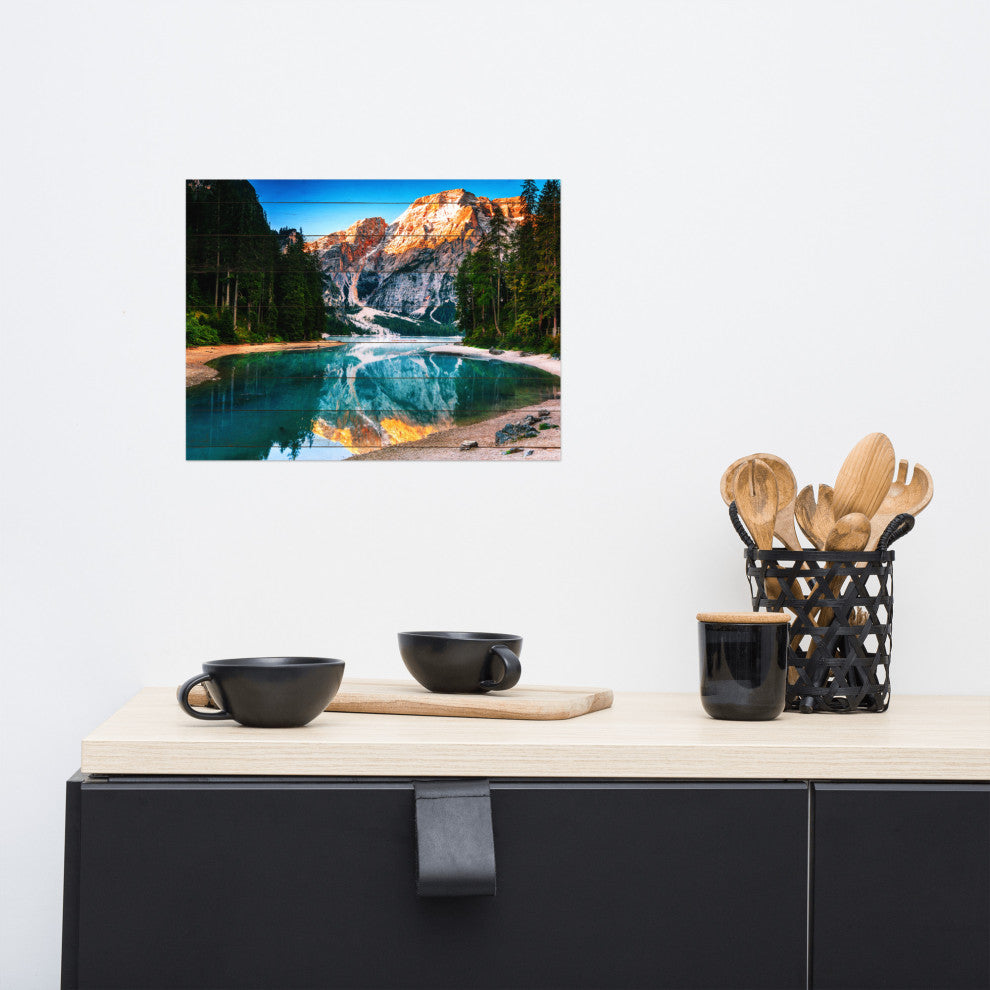 Faux Wood Misty Lake and Snow-cap Mountain Reflections Unframed Wall Art Prints, 12" X 16"
