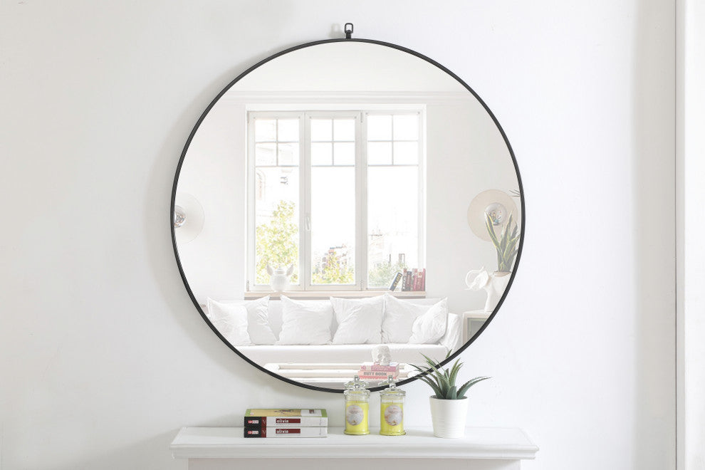 Home Living Metal Frame Round Mirror With Decorative Hook, 36", Black