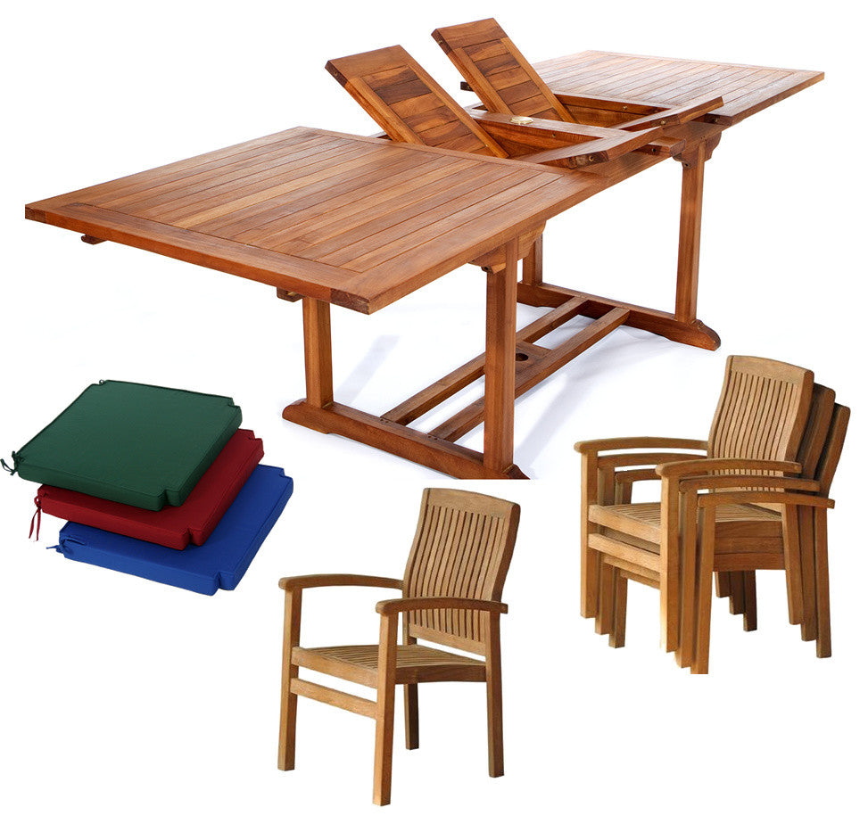7-Piece Teak Rectangle Extension Table Stacking Arm Chair Set With Blue Cushion