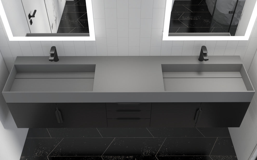 CastelloUSA Amazon 84" Wall Mounted Bathroom Vanity Set, Black, Gray Top, Black Handles